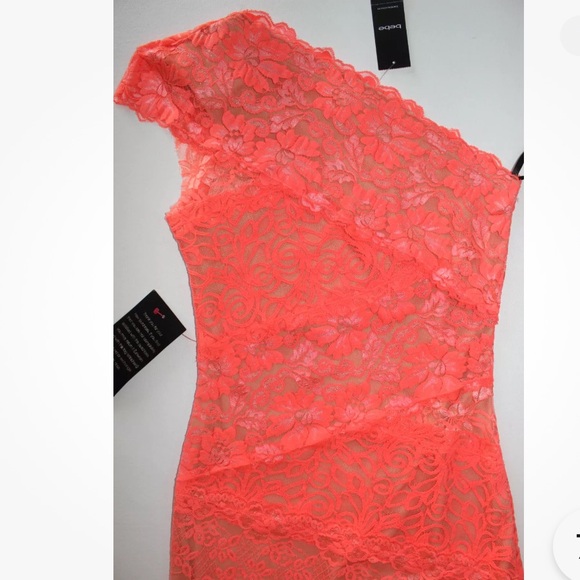 Bebe One Shoulder Lace Bandage Bodycon Dress S Bright Coral Pink NWT - Picture 3 of 14